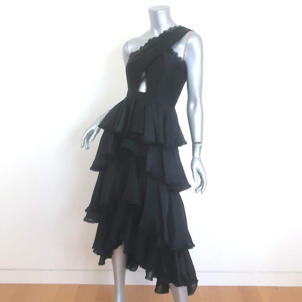 AMUR Lena One-Shoulder Cutout Midi Dress Black Ruffled Linen-Silk Size 00 - Picture 2 of 7